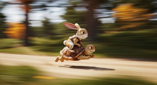 A rabbit running on a forest path with a turtle on its back.