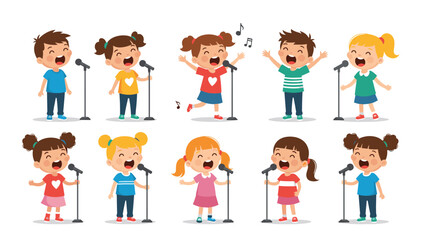 Fototapeta premium Happy group of young children singing into microphones during a musical performance or talent show on a clean white background.