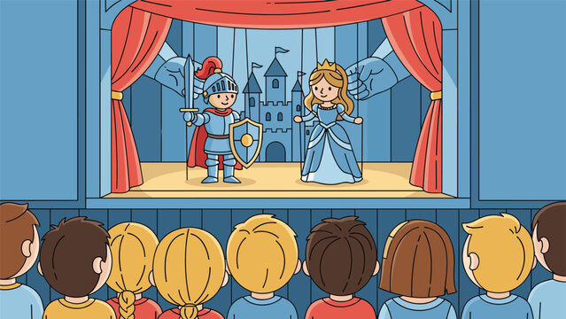 Group of children sits in a dark theater watching a colorful puppet show featuring a brave knight and a beautiful princess.