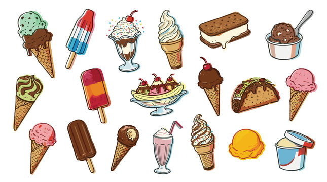 Assortment of delicious ice cream treats including cones sundaes popsicles and ice cream sandwiches perfect for summer refreshment and dessert enjoyment