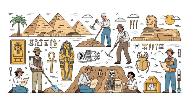 Illustration of an archeological dig site in ancient Egypt with pyramids, the sphinx, and scientists discovering hidden artifacts.