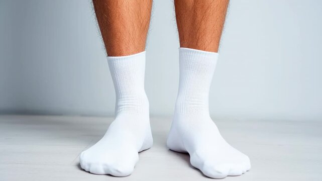 Close up view of a man's legs and feet wearing classic white socks. He is standing and shifting his weight, isolated on a clean background