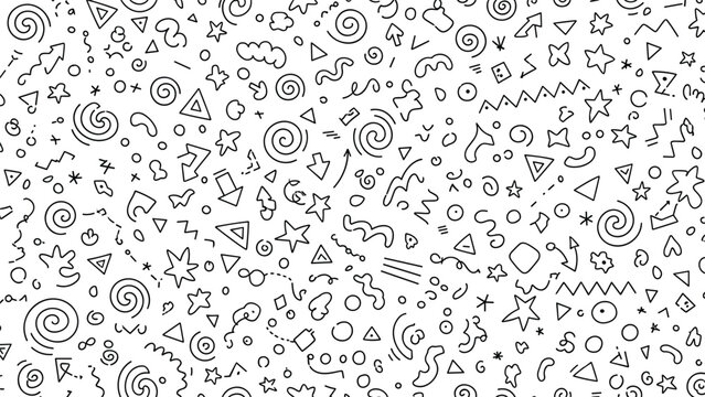 Complex hand drawn doodle pattern in black and white with various shapes like stars, spirals, arrows, and clouds in a messy style.