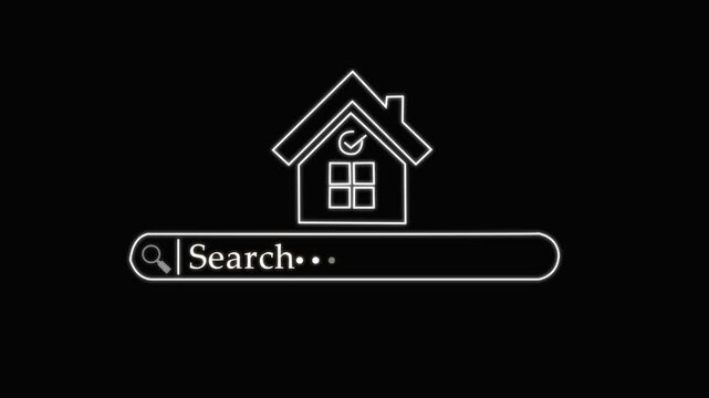 White line House & search icon isolated on black background. Home symbol. 4K Video motion graphic animation