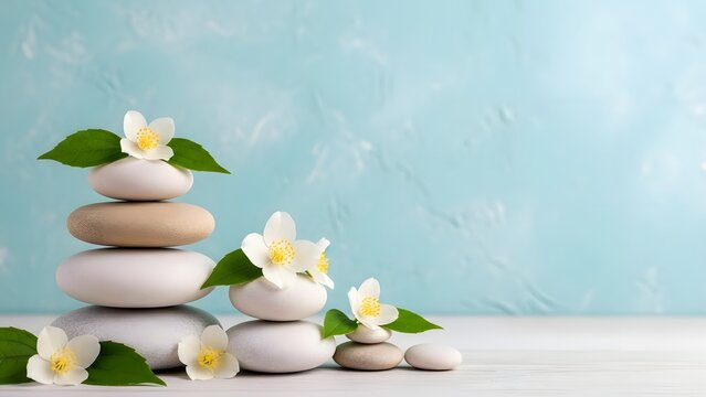 Balanced Spa Stones With White Flowers And Green Leaves On Soft Blue Background Zen Wellness And Relaxation Concept