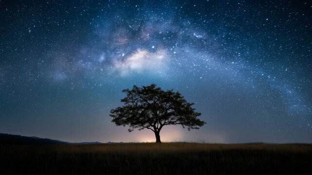 天の川が広がる星空の下に一本木が立つ夜の草原、静寂に包まれた幻想的な風景