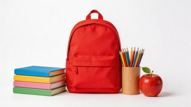 Red backpack books pencils apple