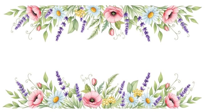 Watercolor floral border with poppies, daisies, and lavender flowers on a white background.