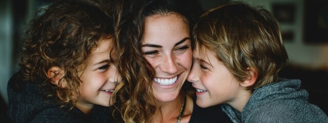 Obraz premium Candid Moment of a Mother Embracing Her Children, Expressing Love and Support Through Genuine Smiles and Joyful Connection