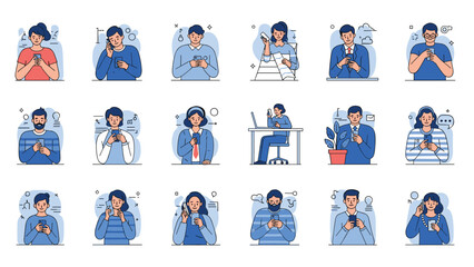 Fototapeta premium Multiple illustrations of people using smartphones for communication, social media, work, and entertainment in various daily life settings.