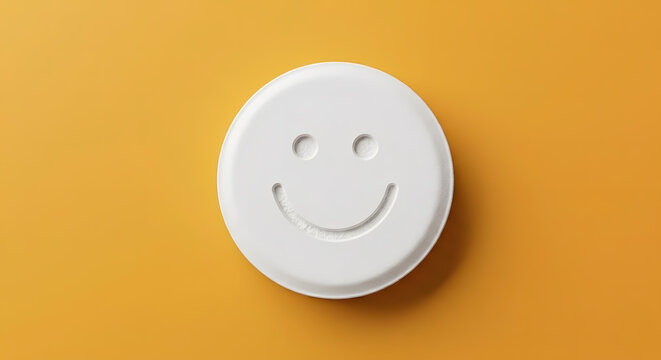 White pill with a smiley face on a yellow background, mental health and antidepressant concept, generative AI.