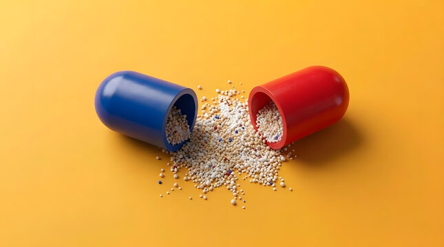 Open capsule medicine with granules on yellow background, generative AI