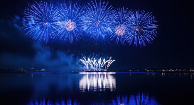 Blue fireworks against a dark sky, reflecting on a body of water.