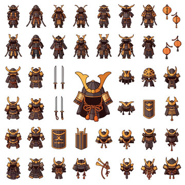 Collection of samurai armor pieces.