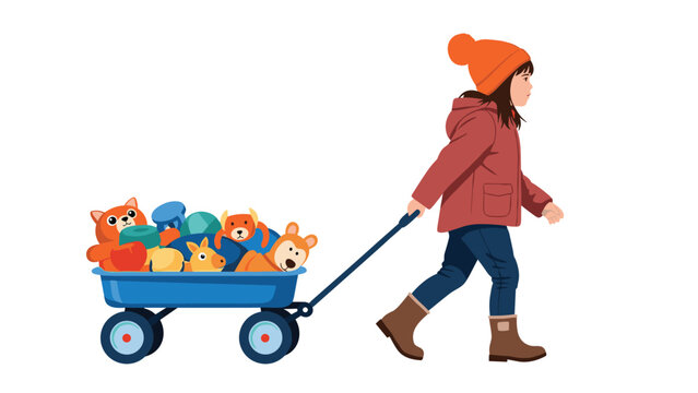 Little girl in winter clothes pulling a blue wagon full of plush animal toys and soft balls for a fun playtime outdoors or at home.