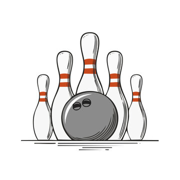 Bowling pins and ball illustration vintage line art sports game equipment