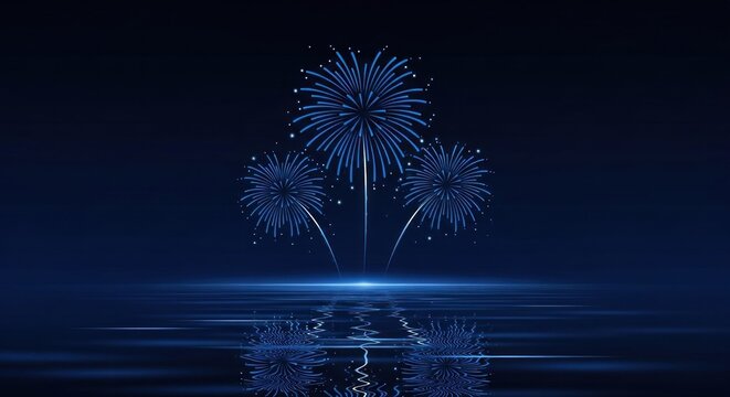 Three blue fireworks against a dark blue background with a reflection on the water.