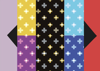 Fototapeta premium Four vertical strips of yellow, purple, black, and blue are decorated with small cross patterns and positioned over a grey background with a black diamond.