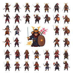 Naklejka premium Collection of Chibi Samurai Warrior Characters in Various Battle Poses.