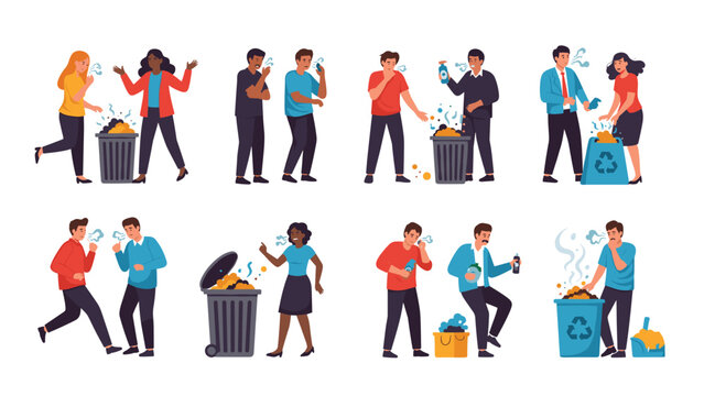 People reacting to foul odors from overflowing garbage bins and trying to manage the situation with various methods.