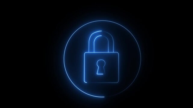 Glowing neon  color security lock icon animation encryption privacy protection secret padlock icon on black background.4k video shortage.