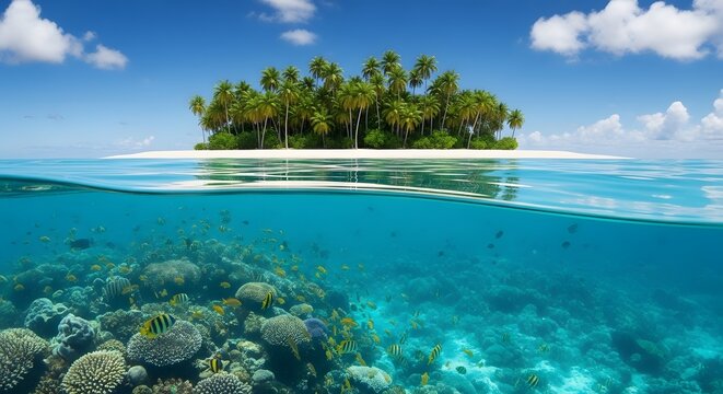 Tropical island paradise a split view of above and below the azure waters