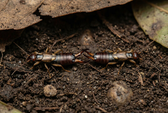 Two earwigs interacting on the ground among fallen dry leaves