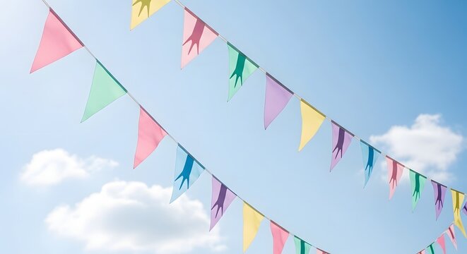 Colorful Triangular Flag Banners Flapping in Clear Sky