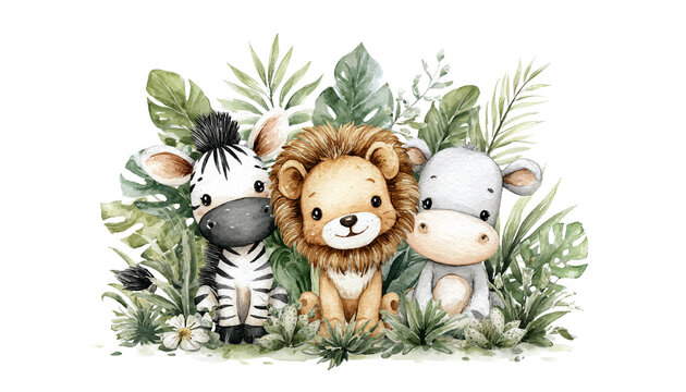 Adorabili cuccioli di zebra, leone e ippopotamo in stile acquerello tra foglie tropicali, perfetti per decorazioni infantili.