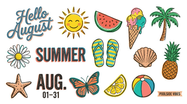 Hello August Summer Vibes Collection with Sun Ice Cream Watermelon Palm Tree and Beach Elements