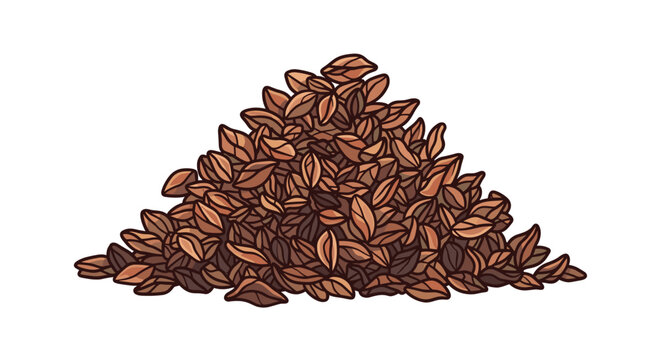 A detailed botanical illustration presents a large heap of brown buckwheat grains featuring individual triangular kernels with dark outlines on a clean white background.