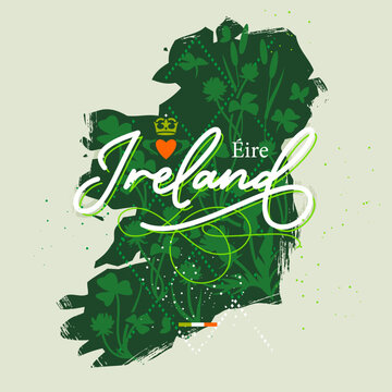 Ireland, design with lettering and outlines of emerald island