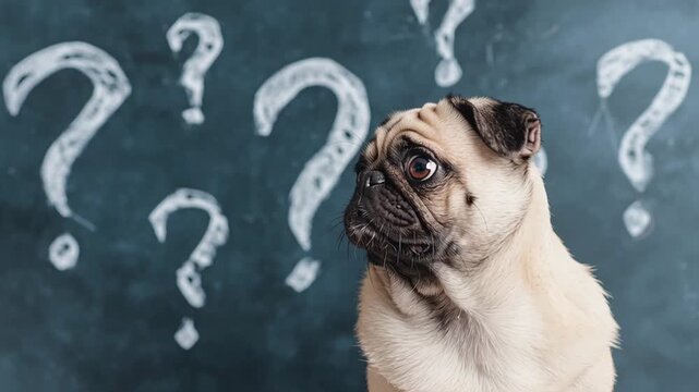 Cute confused pug with big eyes looking around in front of a chalkboard with many question marks drawn on it. Concept of doubt and problem