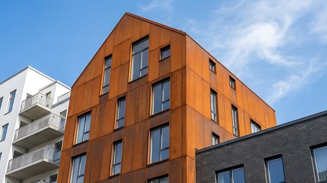 Industrial Style Living: Modern Multi-Story Building with Oxidized Metal Panels and Contrasting Facades in the City