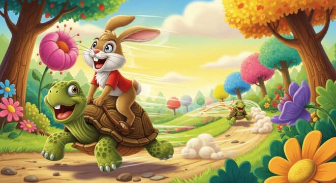 A cartoon illustration of a rabbit and a turtle in a colorful, whimsical forest landscape.