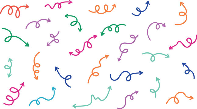 Hand drawn colorful doodle arrow and swirl icon set for dynamic navigation.