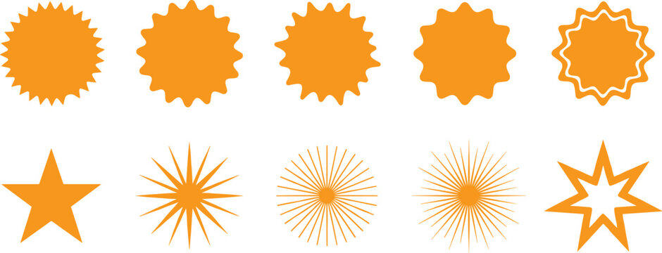 Vector illustration of orange geometric shapes including stars, scalloped circles, spiked edges, and radial symmetry designs