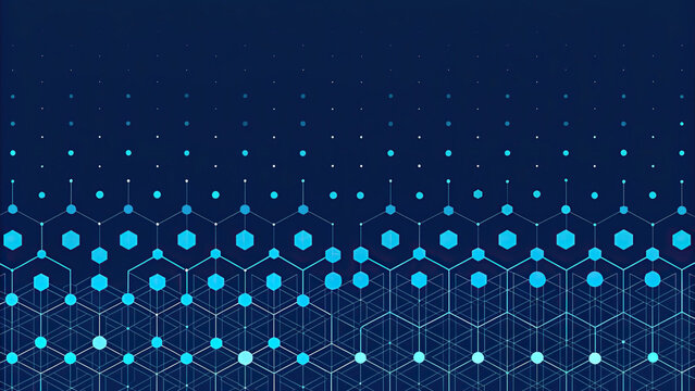 Futuristic digital technology background featuring cyan and blue holographic hexagon structures, complex geometric grid lines, and high-speed data stream flow particles