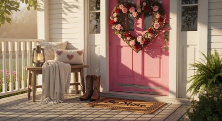 Fototapeta premium A cozy front porch with a pink door adorned with a heart-shaped wreath and a blanket on a bench.