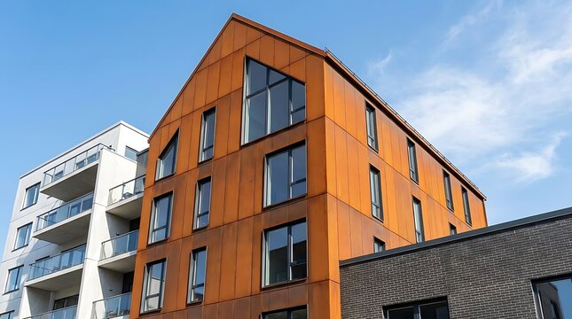 Contemporary Urban Architecture Featuring Sustainable Weathering Steel Cladding and Minimalist Window Design on a Sunny Day