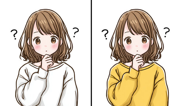 Due giovani donne in stile anime con espressioni pensierose e punti interrogativi, che riflettono su una decisione o un problema.