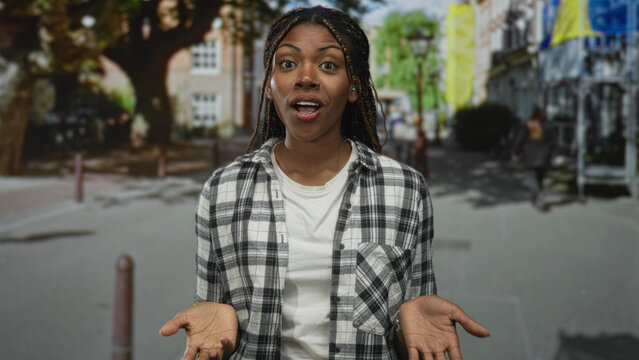 African american woman with hands open palms up on a street and hand to chest in a surprised apologetic gesture; surprise apology.