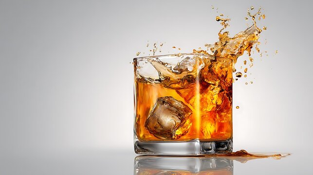 A glass of whiskey with ice cubes splashing in a refreshing drink