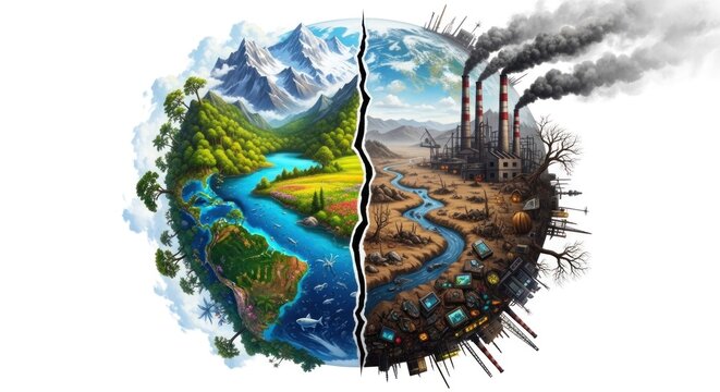 A split image of a green and blue planet with a river flowing through it, contrasting with a polluted, industrialized planet with a river flowing through it.