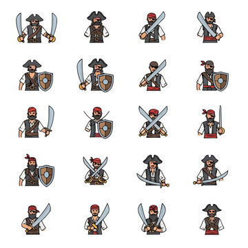 Collection of Diverse Pirate Icons with Swords and Shields.