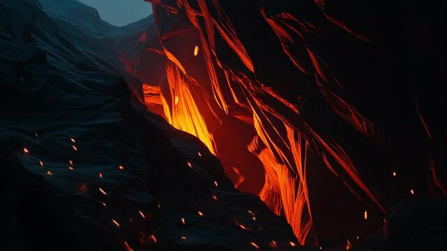 Dramatic volcanic eruption scene with flowing lava and fiery rock formations against a dark night sky showcasing power destruction and geological wonder