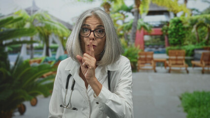 Fototapeta premium Woman doctor in whitecoat with stethoscope, finger to lips for silence by resort building with palm plants and pool; calm trust care.