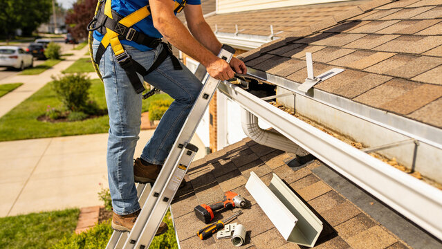 Gutter Guard Installation Technician on Roof with Safety Harness