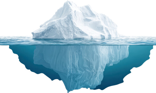 Imponente iceberg galleggiante che rivela la sua vasta parte sommersa, simbolo di concetti nascosti e pericoli invisibili.