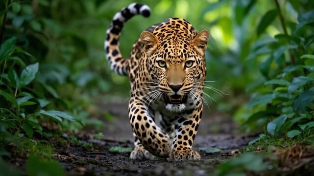 Cinematic wildlife footage of a cheetah running swiftly across a lush jungle grassfield.